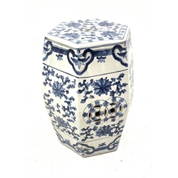 A Chinese blue and white garden seat, of hexagonal barrel form, decorated with stylised flowers, H48cm.