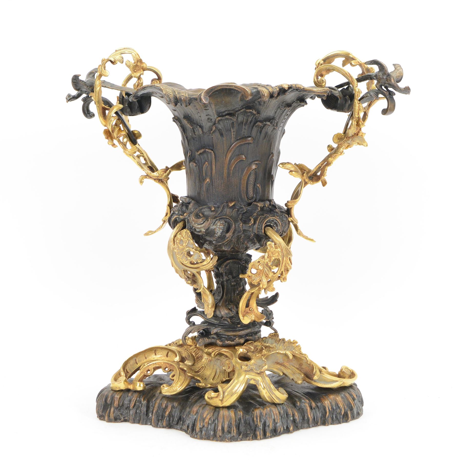 After Henry Dasson (1825-1896): large French gilt bronze urn, the body of typical form and cast with C scrolls, with twin curved gilt foliate handles detailed with birds, upon a scrolling foot, and naturalistically cast base, impressed HENRY DASSON to foot, H50.5cm W48cm