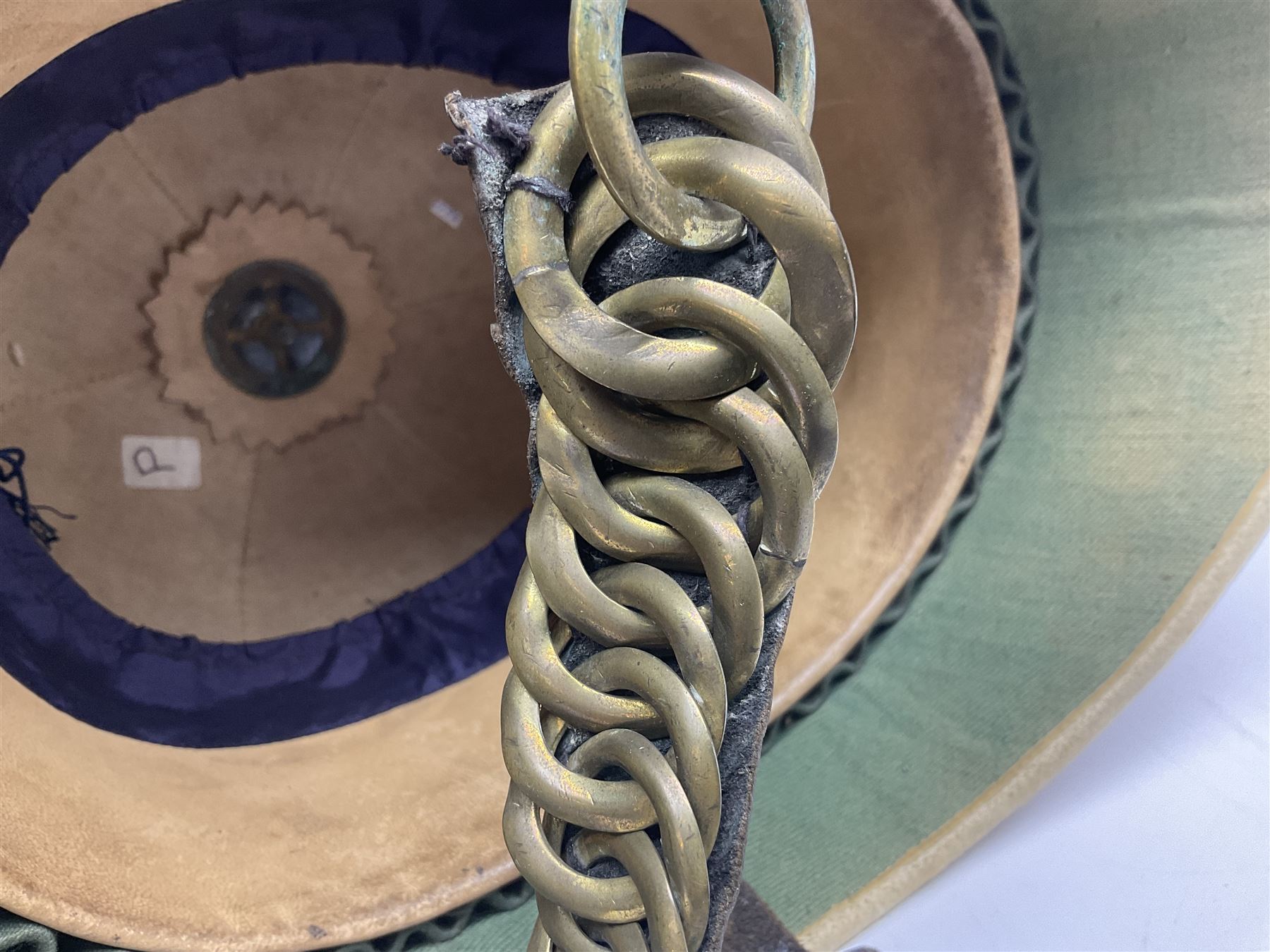 Victorian British tropical pith helmet with brass chain link chin strap