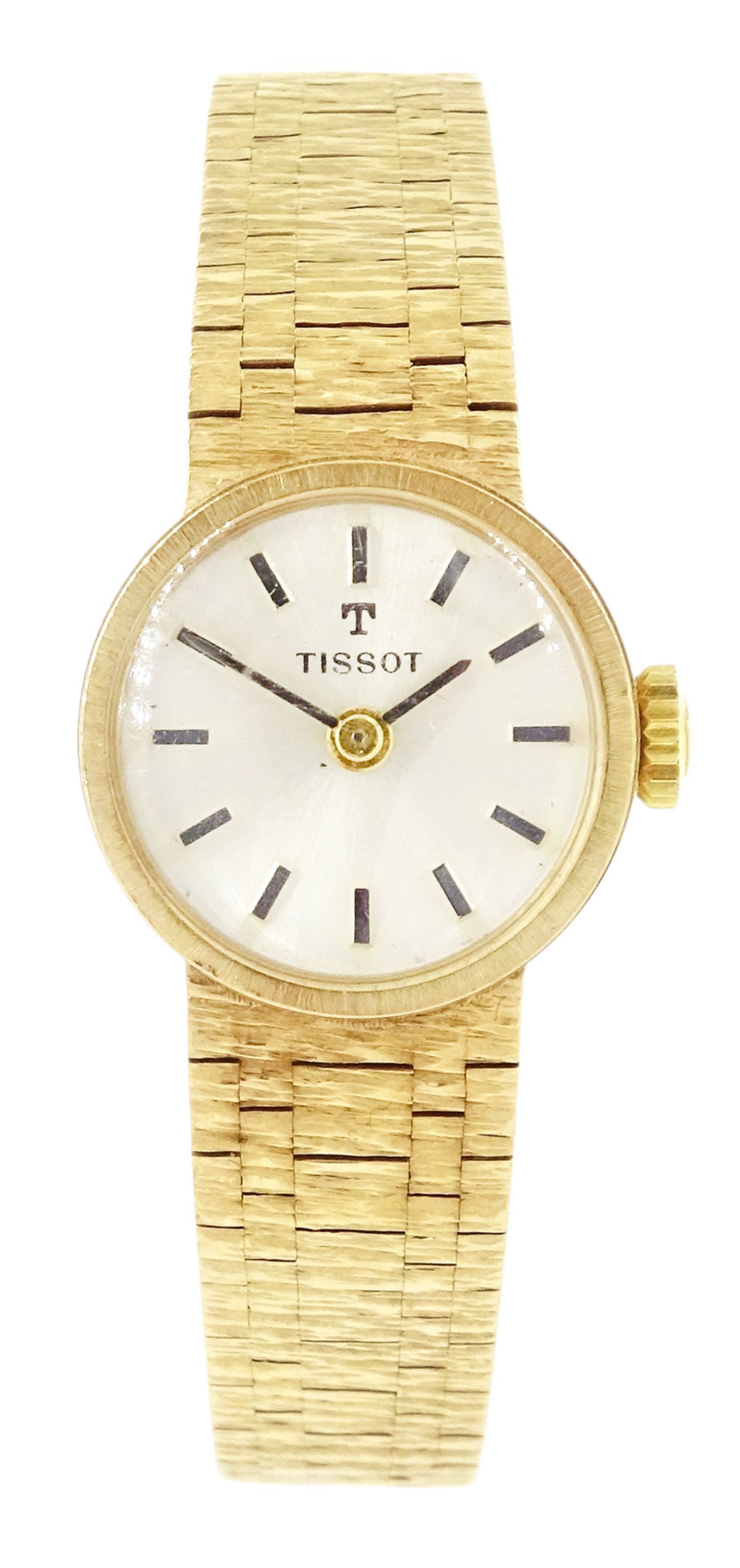 Tissot ladies 9ct gold manual wind wristwatch, silvered dial with baton hour markers, London 1973, on integral 9ct gold bracelet