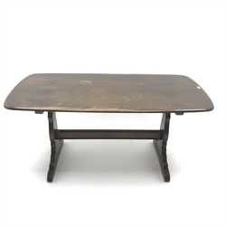 Ercol Old Colonial Yorkshire refectory table, shaped end supports joined by single stretcher, sledge feet (W152cm, H72cm, D77cm) and set six (4+2) matching dining chairs (W62cm)