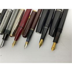 Six fountain pens with gold nibs to include Sheaffer, Macniven & Cameron Ltd and Conway examples, together with four other fountain pens including a boxed Parker pen and a boxed Sheaffer pen in black case with chevron pattern detail