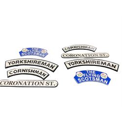 Collection of cast iron signs, including The Flying Scotsman, Yorkshireman, Cornishman etc 