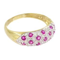 9ct gold pave set ruby diamond ring, hallmarked