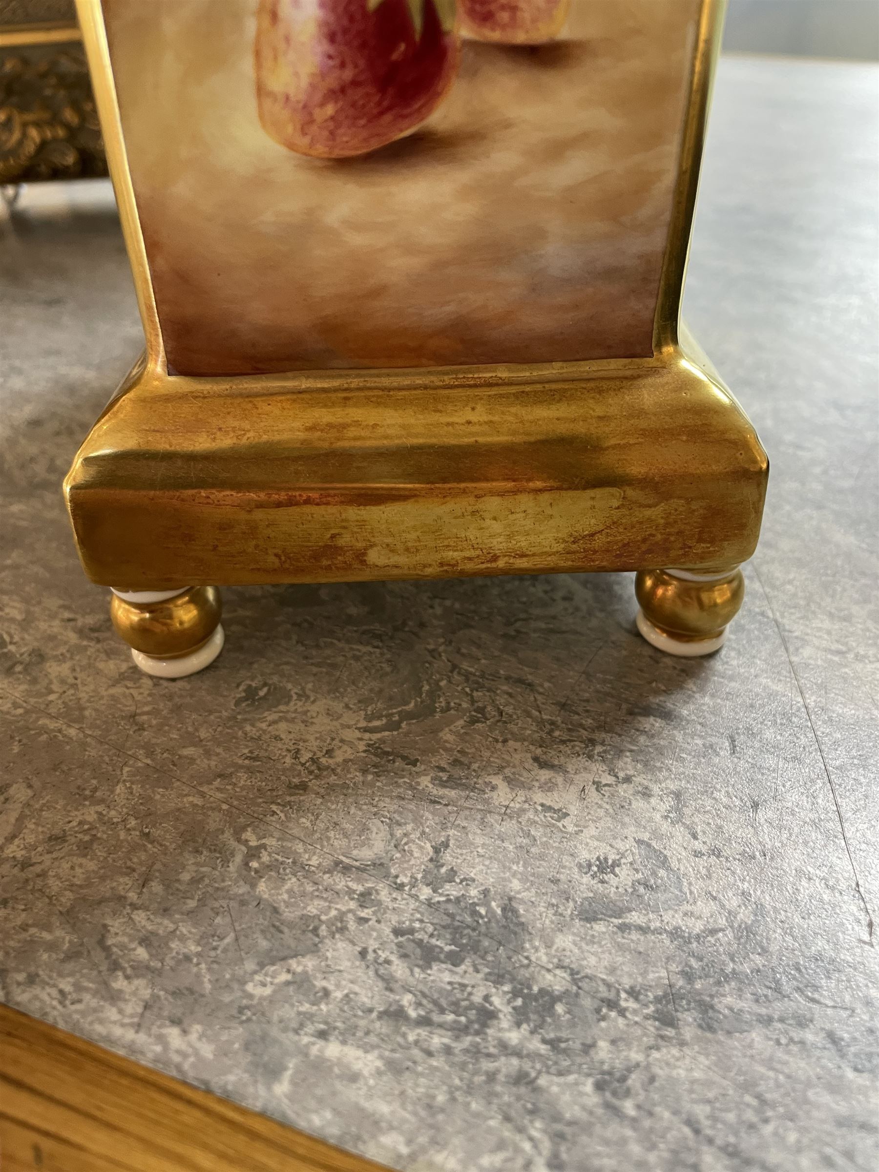 Late 20th century limited edition Royal Worcester mantle clock, hand painted by Jason Bowman with a still life of fruit upon mossy ground, signed J Bowman, with marks beneath including limited edition no 53/200, H27cm, with makers fitted card box 