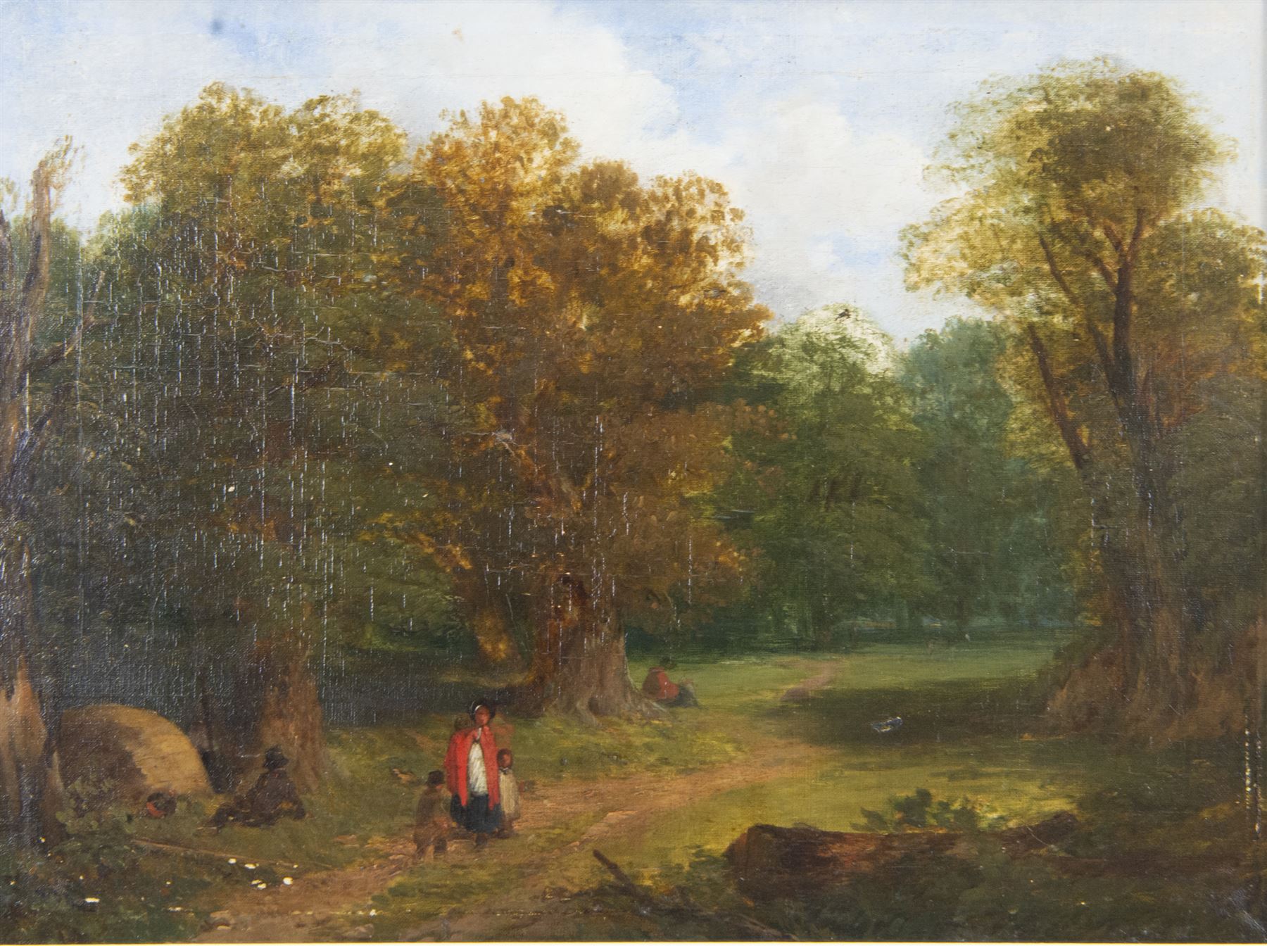 Attrib. Frederick Richard Lee RA (British 1798-1879): Figures on a Woodland Path, oil on canvas unsigned, later attribution on label verso 33cm x 45cm
