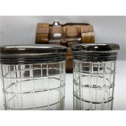 Mappin & Webb leather cased campaign gentleman's vanity set, the tan leather case opening to reveal fitted interior with five engine turned silver capped glass vanity bottles, hallmarked Mappin & Webb, London 1944, brushes, mirror etc, monogram DPK to the top of the case