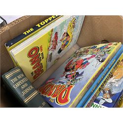 Quantity of children's annuals and books to include two copies of Daily Express The Adventures of Rupert 1939 Facsimile 1991, 1980s and later Knockout, Beano, Dandy, Beezer etc