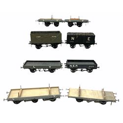 '0' gauge - four scratch-built Lancashire & Yorkshire wagons including two lumber wagons, flat bed and articulated cable drum wagon, two similar NER wagons and a GER open wagon; all unboxed (7)