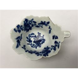 First period Worcester blue and white butter boat, decorated in the Mansfield pattern c1758-1760, with geranium leaf moulded exterior, and interior painted in blue underglaze, with stalk loop handle and thumb rest, and workman's mark beneath, L9cm H3.5cm