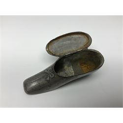 Five snuff boxes, including novelty snuff box in the form of a shoe, pierced example, rectangular hinged lid with white metal decoration and two others  