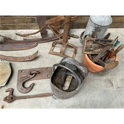 Large quantity of vintage hand tools including scales, scythes, saws etc