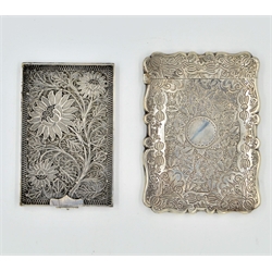  Victorian silver card case, Birmingham 1876, 10cm and a continental filligree card case 9cm  