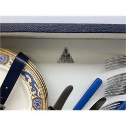 Vintage Harlequin picnic case, with tin sandwiches boxe, ceramic cups, plates, bowls and flatware for four settings, L48cm, H30cm