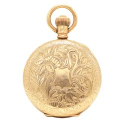 Edwardian 9ct gold open face keyless lever fob watch by Lancashire Watch Company, No. 891012, white enamel dial with Roman numeral hour markers, signed Whitehall, case with engraved foliate decoration, case by Dennison, Birmingham 1911