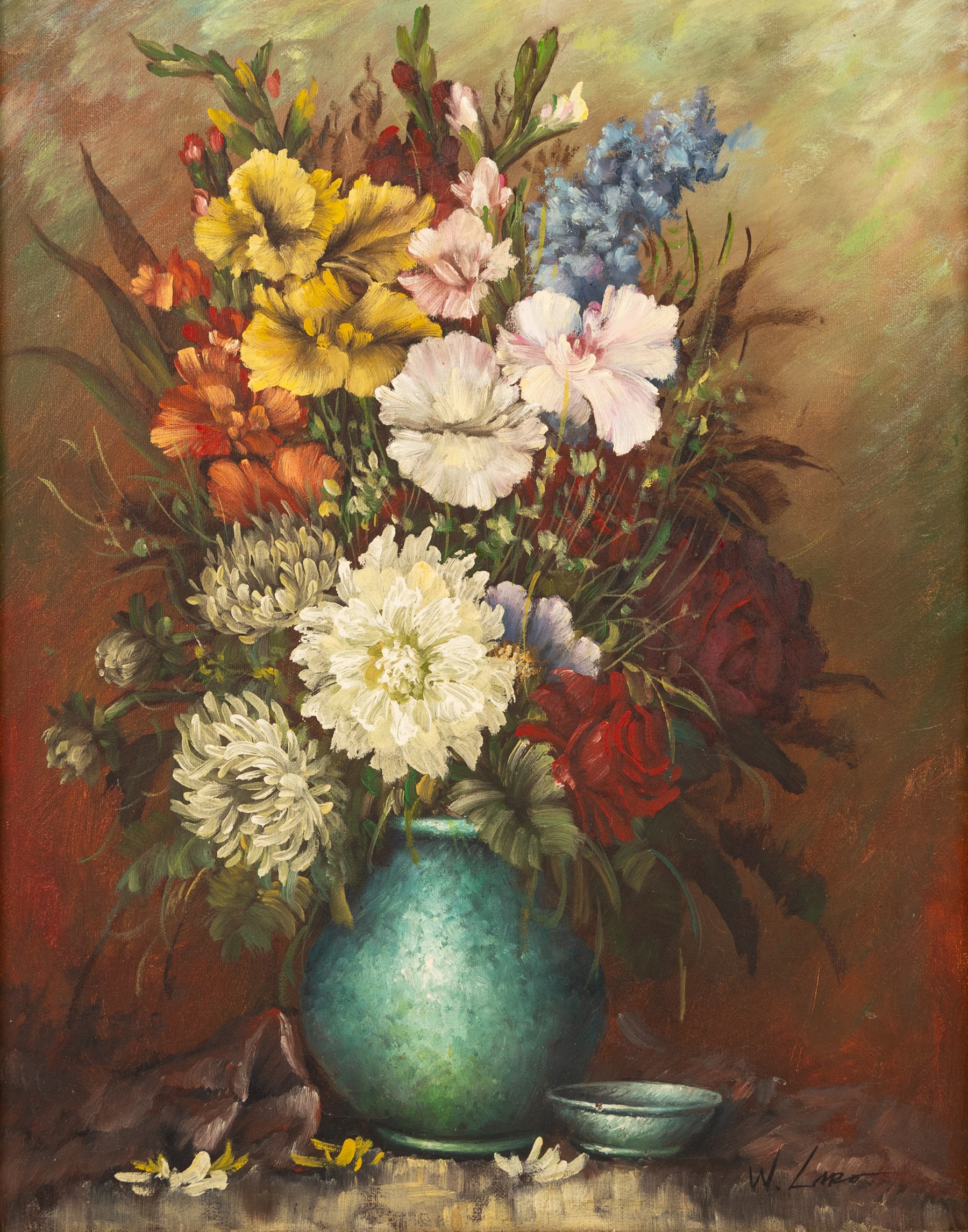 English School (20th century): Still Life with Chrysanthemums, oil on canvas signed W Laro 49.5cm x 39.5cm