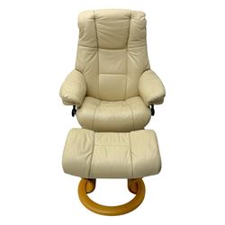 Stressless - armchair and footstool upholstered in beige leather, recliner with swivel base 