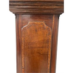 John Watts of Canterbury - early 18th century 8-day oak longcase clock, with a flat topped hood, broad cornice, dentil moulding and blind fret beneath, baluster turned pilasters with wooden capitals flanking the square hood door, trunk with recessed beaded edge and a long ogee topped door with crossbanding, plinth with applied skirting, square brass dial with matching steel hands, cast spandrels and a matted and engraved centre, date aperture, seconds ring and ring turned winding apertures, silvered chapter ring with Roman numerals, five minute Arabics, minute and quarter hour tracks, five pillar movement with a recoil anchor escapement and inside countwheel strike, sounding the hours on a bell. With weights and pendulum.