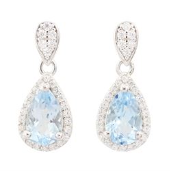 Pair of silver blue topaz and cubic zirconia pendant stud earrings, stamped 925