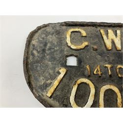 Three cast iron railway wagon plates of D shaped form to include Southern Railway, LMS and GWR, L27.5cm