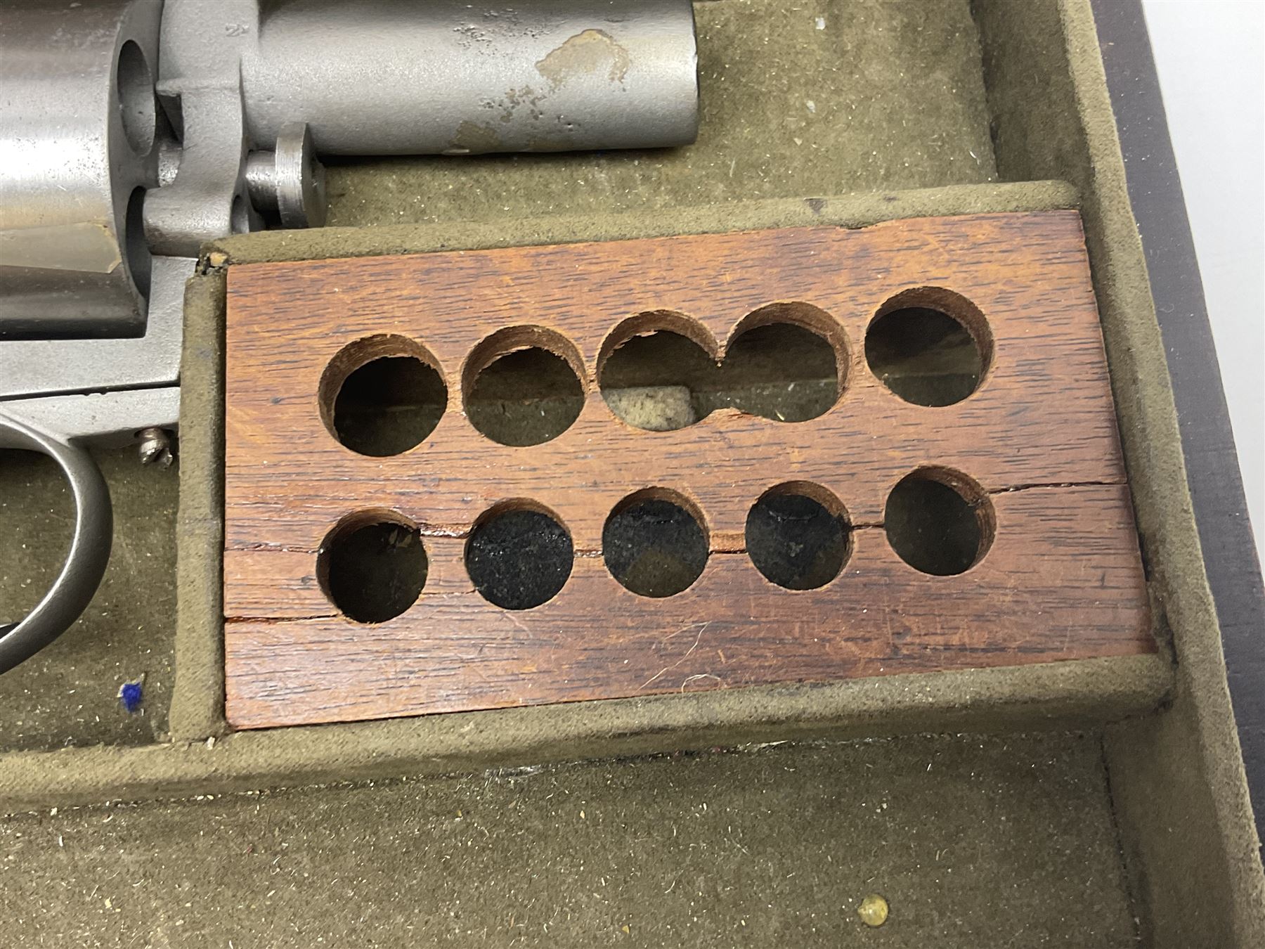 The major parts only of a British Bull-Dog .500 Boxer five-shot revolver comprising stripped down framework, cylinder, trigger with guard, functioning hammer and two-piece chequered grip; retailed by G. Goth Buenos Ayres; Belgian proof marks; L19.5cm overall; in fitted mahogany case 