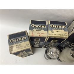 Five Osram thermionic radio valves/vacuum tubes, comprising MU14, MHD4 7PIN MET, VMPG4, DH63 and W61M, all in original boxes