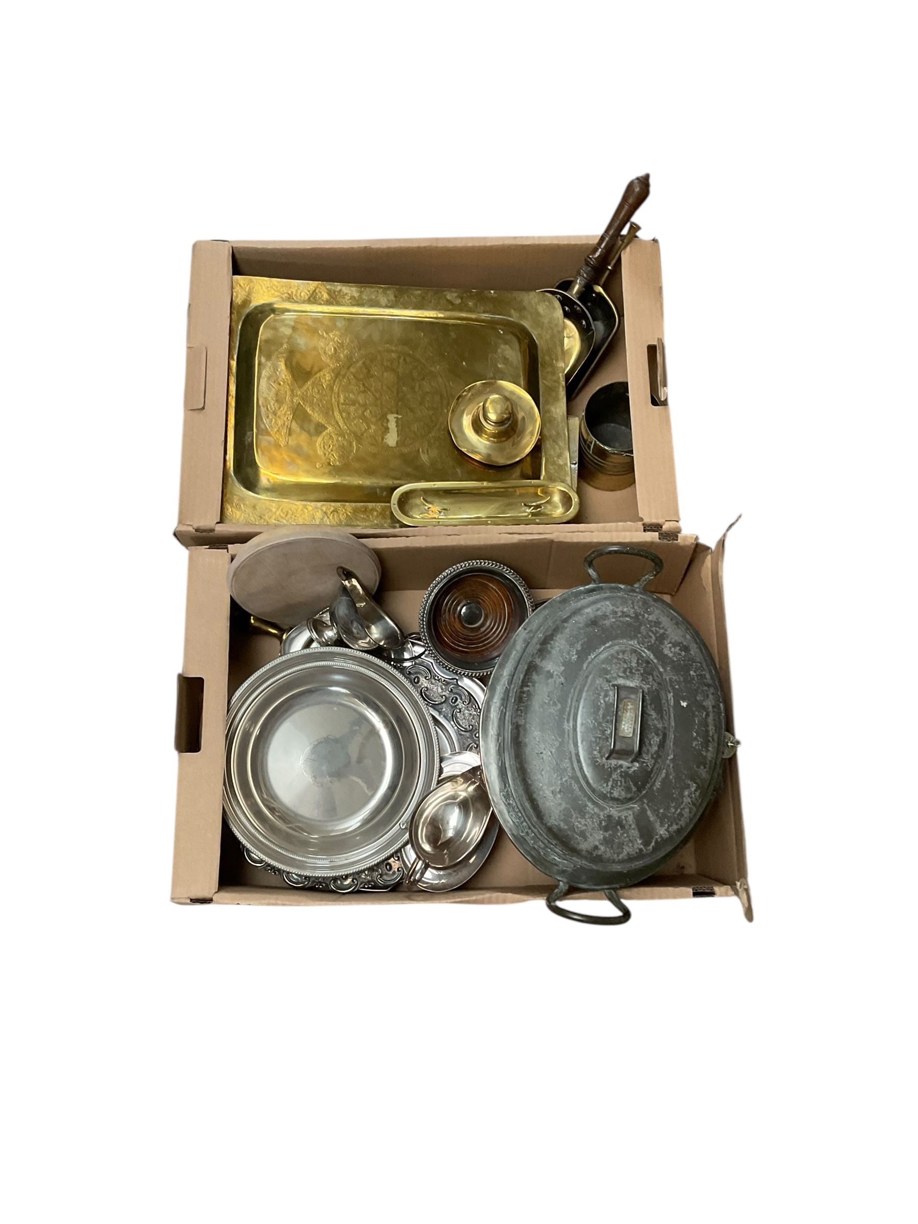 Collection of metal ware, including Wellbank`s boilerette bain marie, brass tray, silver plate etc 
