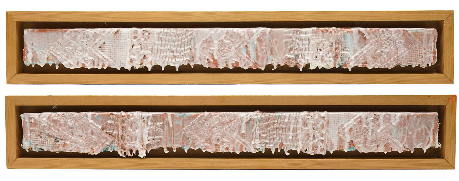 Gillian Ross Kelsey (British 1935-2025): 'Lace Glaze', pair of mixed medias on canvas laid on to board unsigned both 6.5cm x 61cm (2)