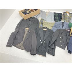Vintage and later clothing including mess jackets, waistcoats, by various makers including 'Skopes', 'Saxon Hawk', 'Lincroft', 'Grendale' etc, belts including leather examples etc, in three boxes