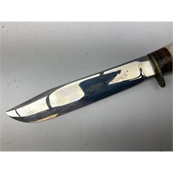 Bowie knife by J. Nowill & Sons Sheffield England Est. AD1700,  with 17.5cm steel blade, brass cross-piece, antler grip and alloy pommel; in leather sheath L32cm overall