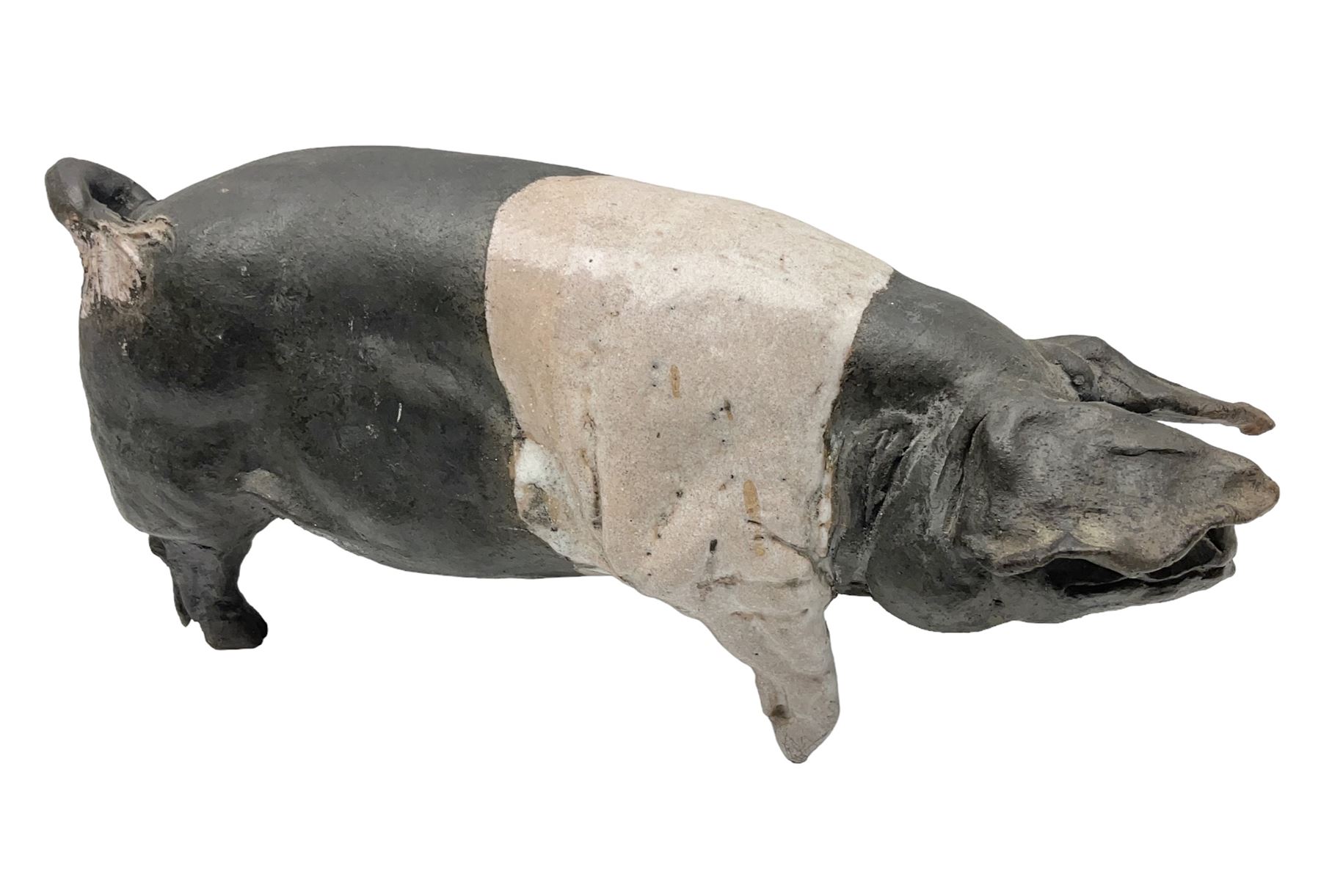 Studio pottery Saddleback pig, with artist signature beneath, H18cm, L39cm