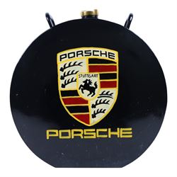Metal petrol can in the style of Porsche, with black painted body, hand-painted Porsche lo...