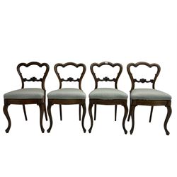 Set of four Victorian rosewood dining chairs, shaped cresting rail with C-scroll decoration, the centre rail carved with central cartouche and acanthus leaves, seat upholstered in pale teal fabric, raised on cabriole supports