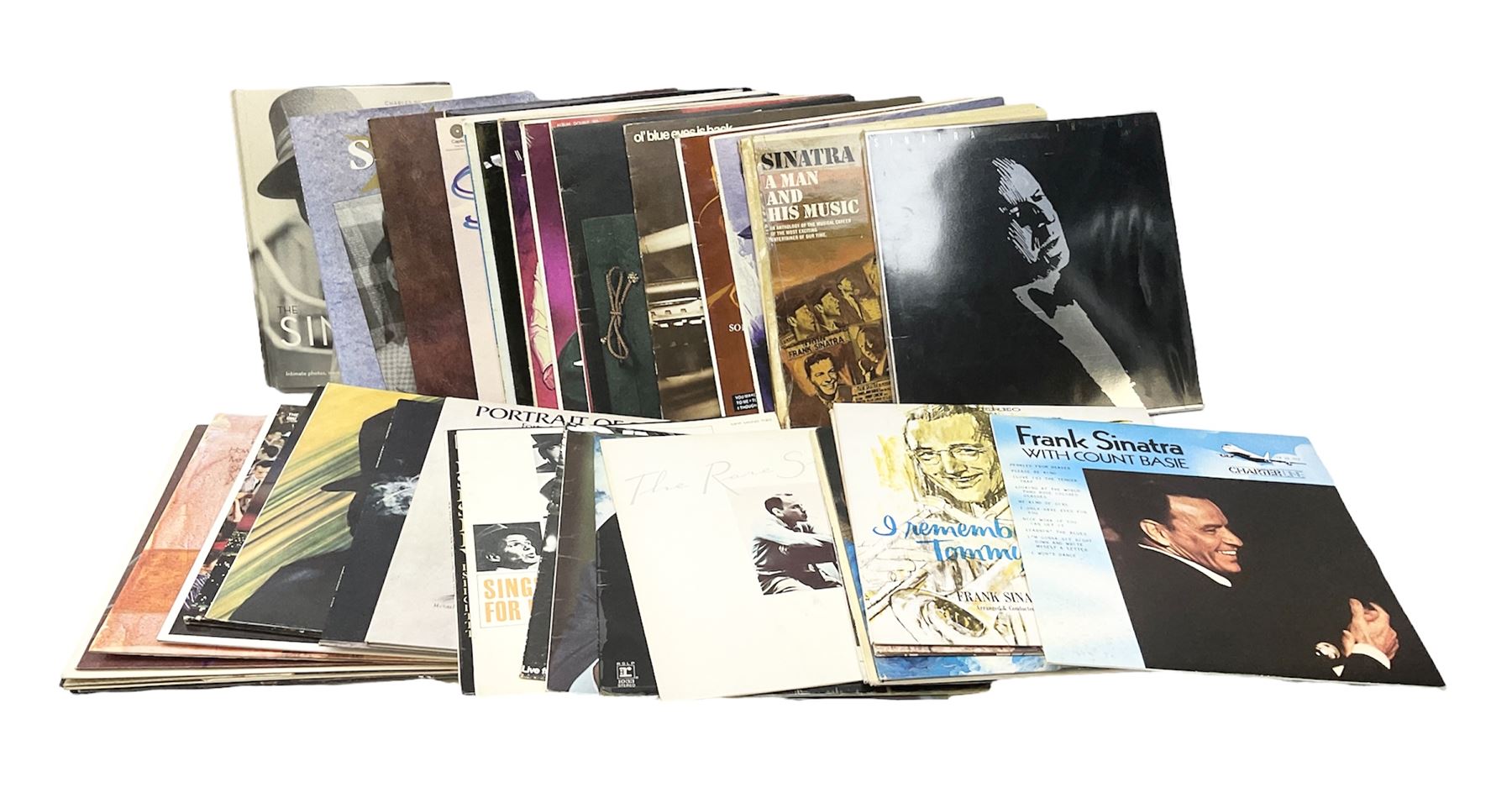 Collection of Frank Sinatra LP vinyl records, to include Sinatra Trilogy Past Present Future, Ol' blue eyes is back, My Way, etc., together with two books, The Sinatra Treasures by Charles Pignone, and Frank Sinatra by Jessica Hodge, plus a Beatles LP vinyl record, Love Songs, in one box
