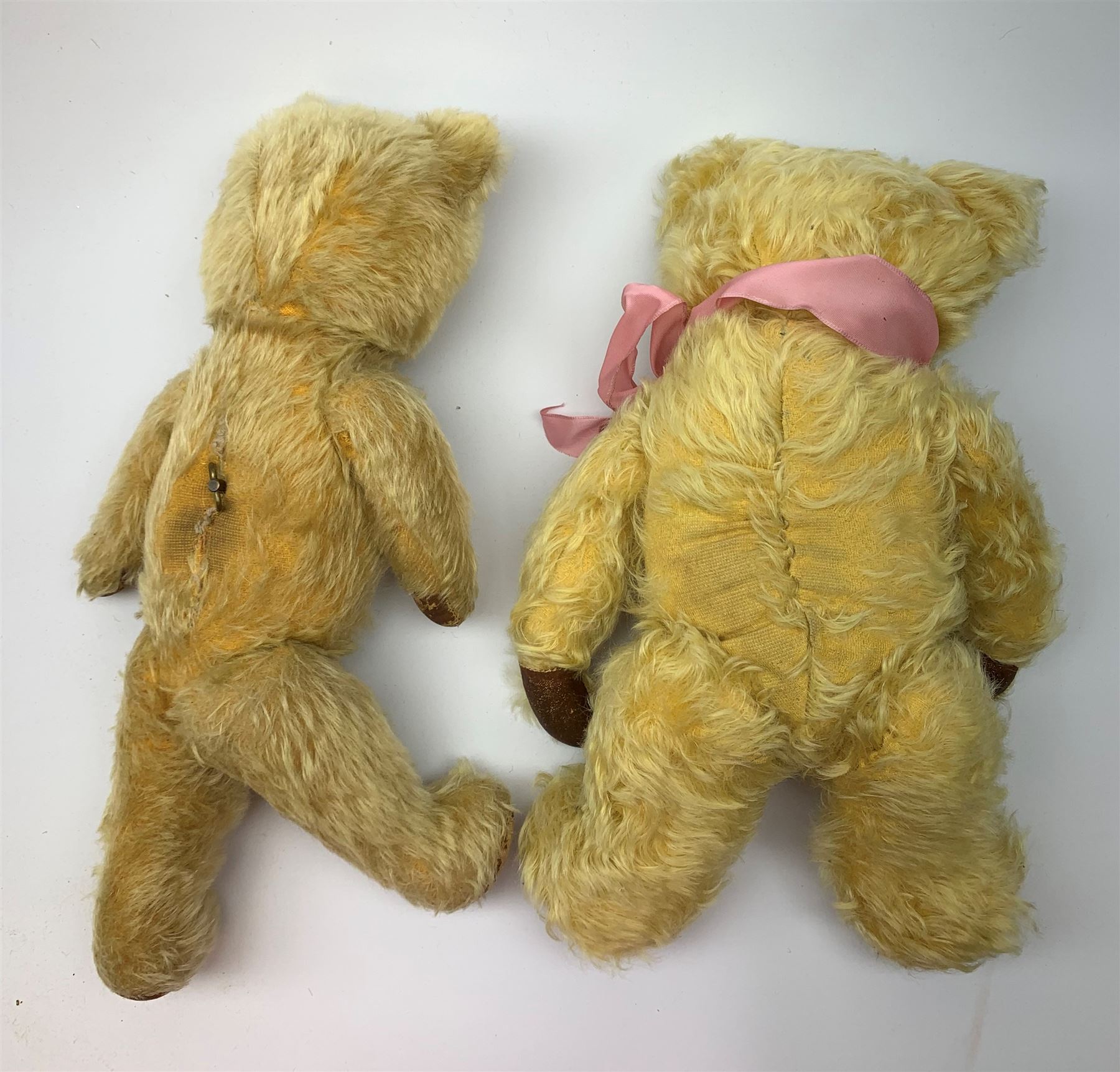 Five English teddy bears c1930s-50s comprising Chad Valley with swivel jointed head, glass eyes, vertically stitched nose and mouth and jointed limbs with rexine pads H16