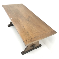 20th century oak refectory table, shaped solid end supports joined by single undertier, sledge feet, W183c,. H77cm, D76cm