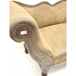 *Early 20th century oak framed upholstered settee, shaped cresting rail and raised scrolled arms, on turned supports, W196cm, H88cm, D72cm