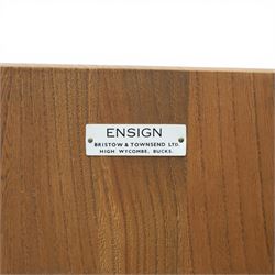 Ensign - Mid-20th century elm sideboard, with a central bank of four drawers, flanked by cupboard doors, raised on tapering supports, labelled Ensign Bristow & Townsend Ltd