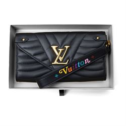 Louis Vuitton - ‘New Wave’ Long Wallet in black quilted calf leather, the envelope flap with oversized gold-tone LV logo and press-stud fastening, with detachable wrist strap detailed in multicoloured Louis lettering and Monogram flowers, opening to a fitted leather interior with twelve card slots, two compartments and zipped pocket, with care booklet and box