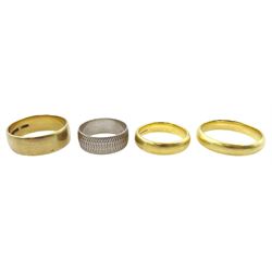Two 18ct yellow gold wedding bands, 18ct white gold wedding band and one other 9ct gold wedding band, all hallmarked