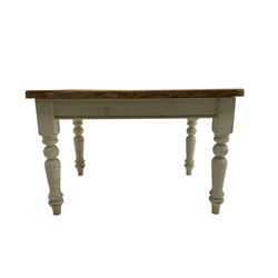 Traditional pine kitchen table with white painted base, rectangular top over single drawer, raised on turned supports