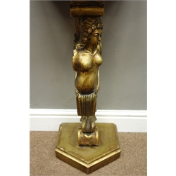  Late 20th century pair carved gilt wood torchere plant stands, red and black marble effect tops, semi-nude goddess supports with scrolled and acanthus leaf decoration, 34cm x 33cm, H71cm  