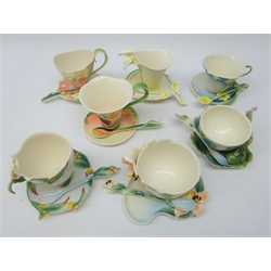  Seven Franz sculptured porcelain cup, saucer & spoon sets comprising Bee, Calla Lily, Summer Bird of Paradise, Spring Freesia, Frog, Winter Moth Orchid and Clove - all boxed    