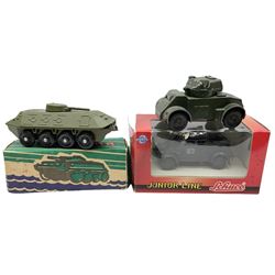 Various Makers - military vehicles comprising Schuco Kubelwagen and two Russian tanks, all boxed; and quantity of unboxed and playworn models including five Crescent Field Guns and Ammunition Limbers, Crescent Heavy Rescue Crane, Johilco Mobile Searchlight, Britains German Army BMW Combination, two Skybirds trucks etc; and a tin-plate armoured car.