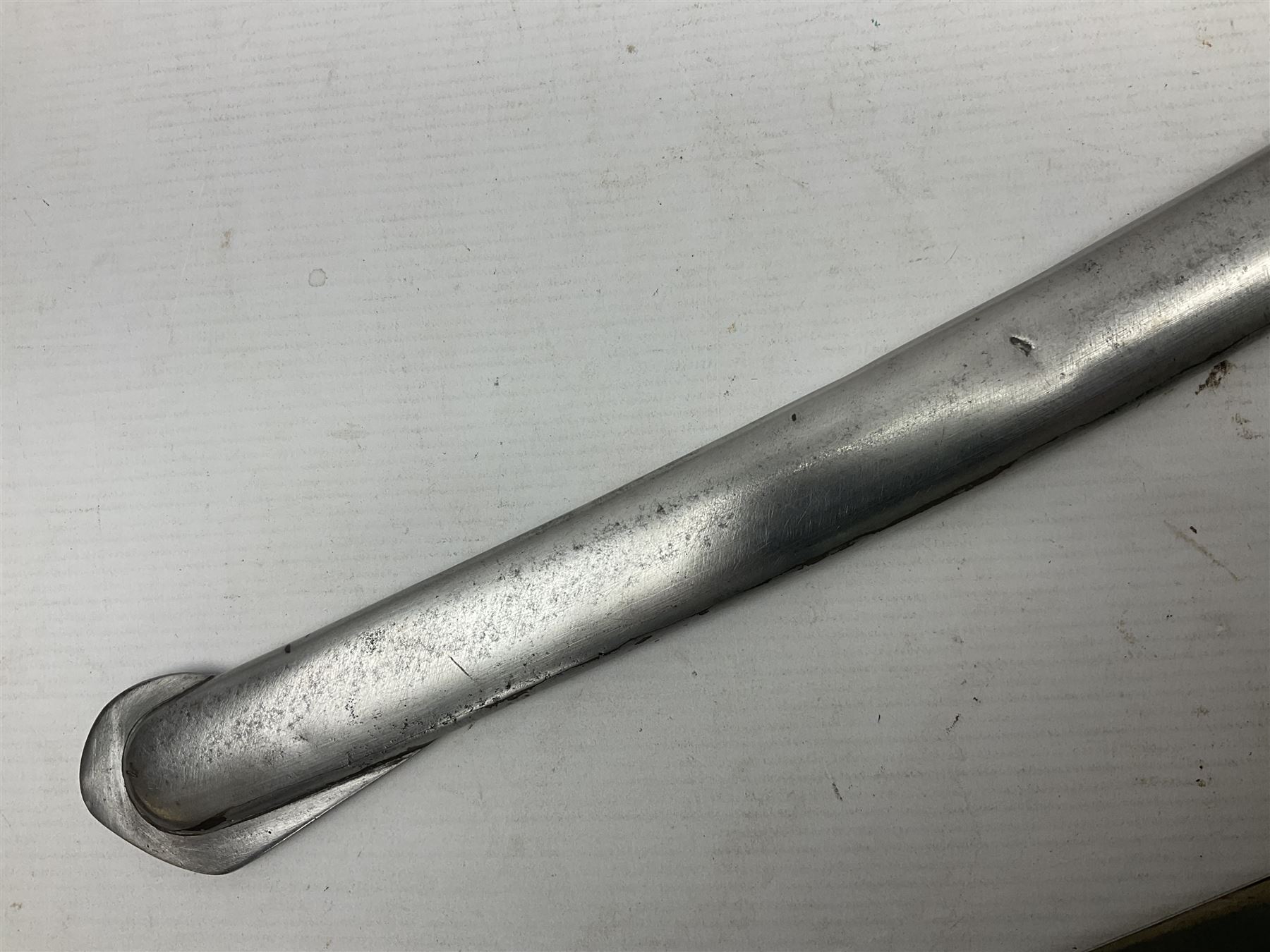 Early 19th century French Lancers officer's sword c1810, the 84cm curving fullered blade retaining most of its bluing, gilding and engraved decoration, inscribed I.S.& C. to ricasso (for Schimelbusch), brass three-bar hilt with elongated elliptical langets and wire-bound leather grip; in polished steel scabbard with two brass suspension rings L100cm overall