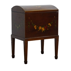  Edwardian Adam Revival satinwood strung mahogany Canterbury, dome top with fitted interior painted with children by a stile in rose framed cartouche with swags, on square tapered supports with spade feet, W42cm, D32cm, H58cm   