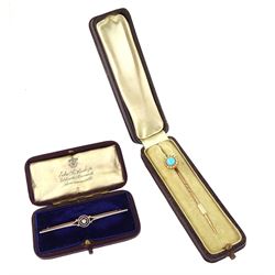 Early 20th century gold turquoise and pearl stick pin, gold crescent moon pin and a gold diamond brooch