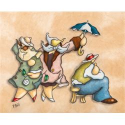 Peter Bell (Hull Contemporary): Dancing in the Rain, oil on canvas board signed 40cm x 50cm 