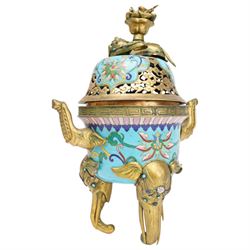 Pair of Chinese 20th century cloisonne Tang style horses with removeable saddles H35cm and a cloisonne and gilt metal koro