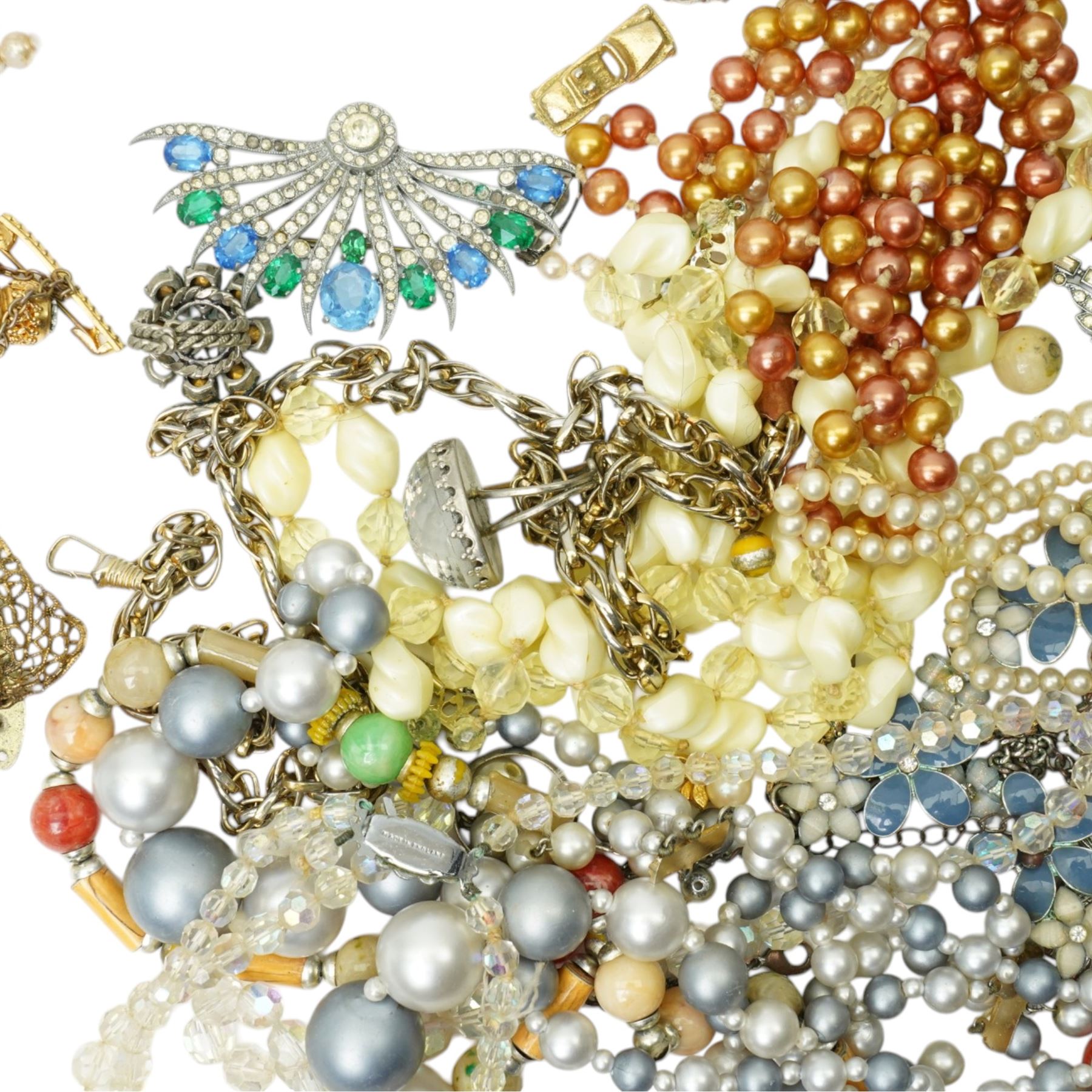 Victorian gilt rock crystal brooch, 9ct gold chase link chain necklace, Accurist ladies wristwatch, malachite bead necklace, silver jewellery including a filigree cameo bracelet, portrait miniature brooch, rings etc, together with various costume jewellery